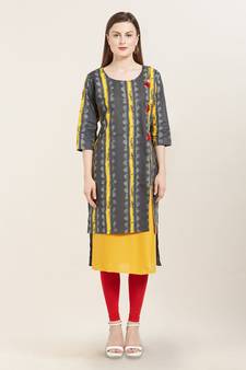 Yellow printed cotton ethnic-kurtis