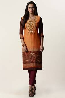 Orange printed georgette ethnic-kurtis