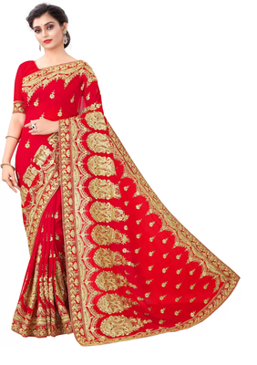 Red Georgette Heavy Embriodered Saree With Blouse Piece. 1