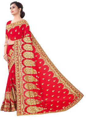 Red Georgette Heavy Embriodered Saree With Blouse Piece. 2
