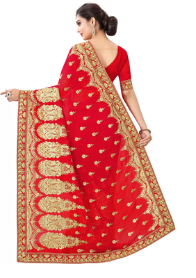 Red Georgette Heavy Embriodered Saree With Blouse Piece. 3