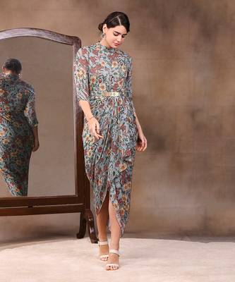Green Azalea Printed Sequin Drape Dress With Metal Belt 1