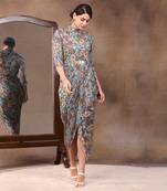 Green Azalea Printed Sequin Drape Dress With Metal Belt