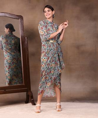 Green Azalea Printed Sequin Drape Dress With Metal Belt 2