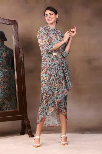 Green Azalea Printed Sequin Drape Dress With Metal Belt