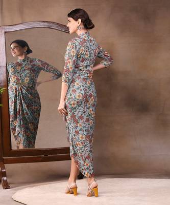 Green Azalea Printed Sequin Drape Dress With Metal Belt 3