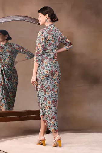 Green Azalea Printed Sequin Drape Dress With Metal Belt
