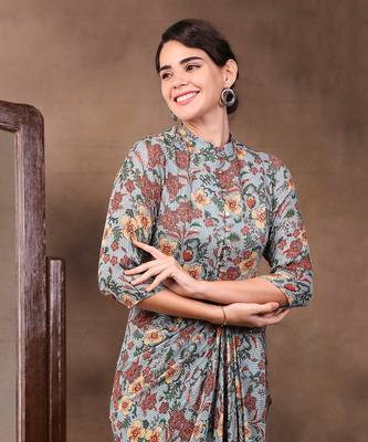 Green Azalea Printed Sequin Drape Dress With Metal Belt 4