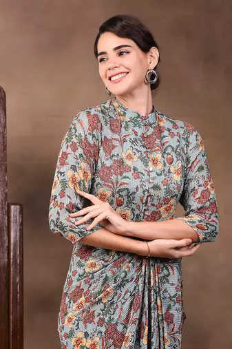Green Azalea Printed Sequin Drape Dress With Metal Belt