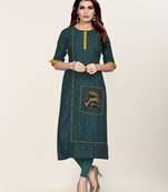 Teal embroidered rayon ethnic-kurtis