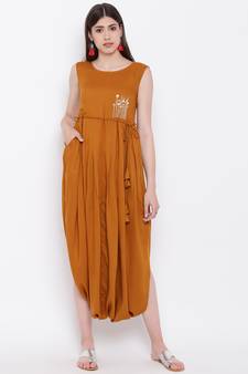 Mustard embroidered rayon ethnic-kurtis