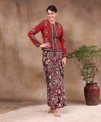 Maroon night Floral Printed Drape Skirt With Jacket 1