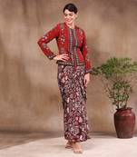 Maroon night Floral Printed Drape Skirt With Jacket
