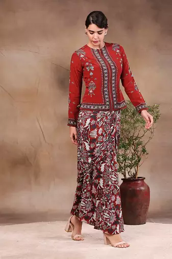 Maroon night Floral Printed Drape Skirt With Jacket