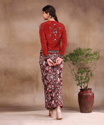 Maroon night Floral Printed Drape Skirt With Jacket 3
