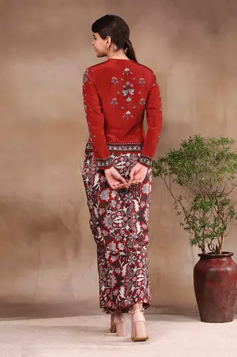Maroon night Floral Printed Drape Skirt With Jacket