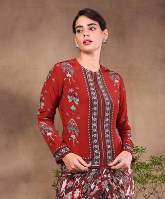 Maroon night Floral Printed Drape Skirt With Jacket 4