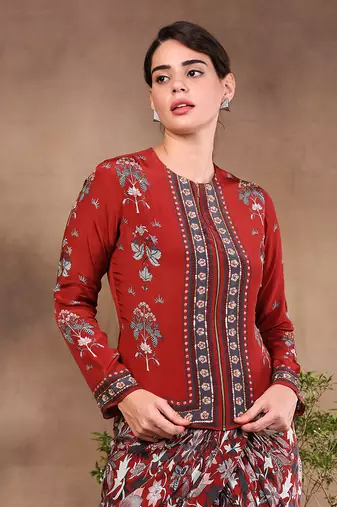 Maroon night Floral Printed Drape Skirt With Jacket