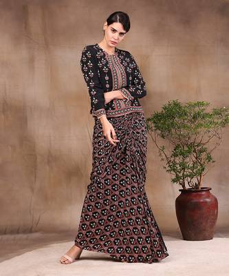 Black ethnic Folklore Printed Drape Skirt With Jacket 1