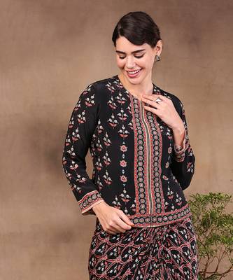 Black ethnic Folklore Printed Drape Skirt With Jacket 3