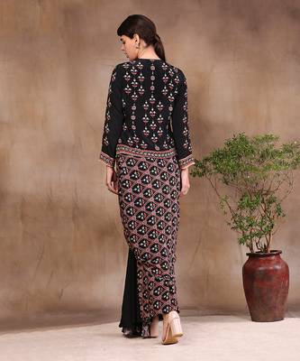 Black ethnic Folklore Printed Drape Skirt With Jacket 4