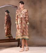 Sand Beige ethnic Folklore Printed Shirt Dress With Waist Tie-Up
