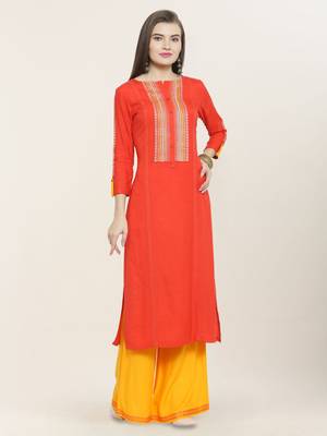 Orange embroidered rayon ethnic-kurtis 1