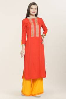 Orange embroidered rayon ethnic-kurtis