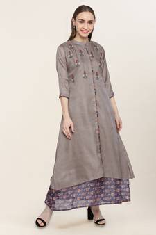 Grey embroidered silk ethnic-kurtis
