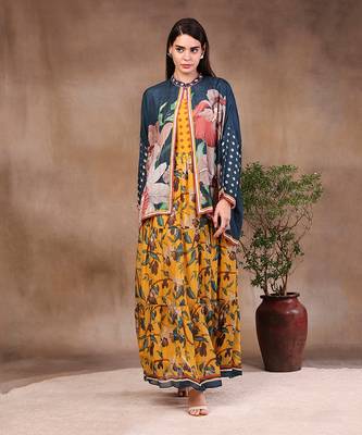 Mustard And Bottle Green orchid Bloom Printed Long Dress With Jacket 1
