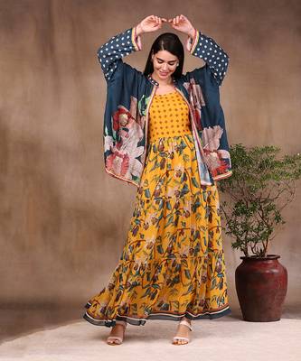 Mustard And Bottle Green orchid Bloom Printed Long Dress With Jacket 2