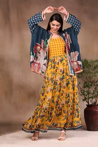 Mustard And Bottle Green orchid Bloom Printed Long Dress With Jacket