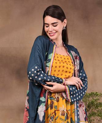 Mustard And Bottle Green orchid Bloom Printed Long Dress With Jacket 3
