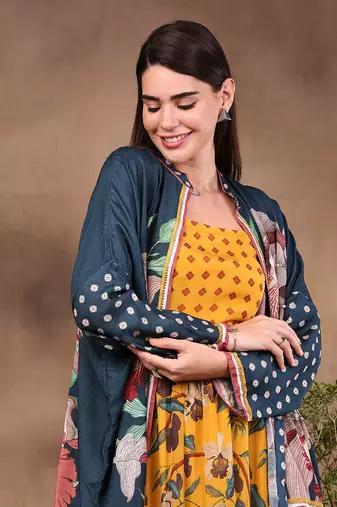 Mustard And Bottle Green orchid Bloom Printed Long Dress With Jacket