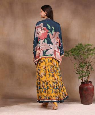 Mustard And Bottle Green orchid Bloom Printed Long Dress With Jacket 4