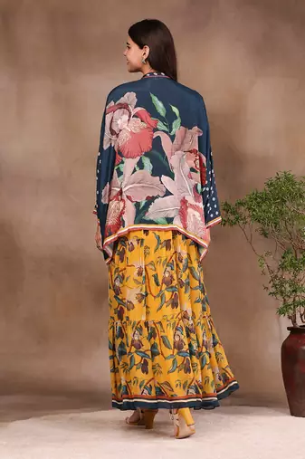 Mustard And Bottle Green orchid Bloom Printed Long Dress With Jacket