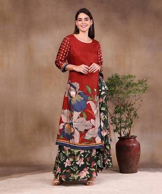 Red orchid Bloom Printed Kurta With Draped Pants 1