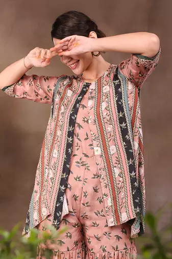 Coral Vintage Trails Printed Jumpsuit With Jacket