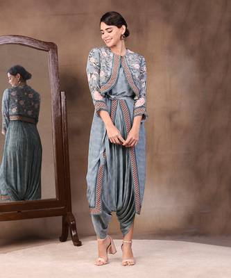 Green vintage Trails Printed Dhoti Style Jumpsuit With Jacket 1