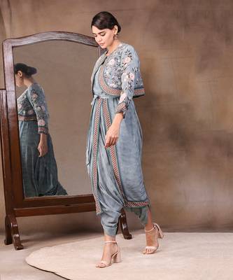 Green vintage Trails Printed Dhoti Style Jumpsuit With Jacket 2