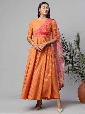 Orange printed crepe long-kurtis 1
