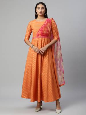 Orange printed crepe long-kurtis 2