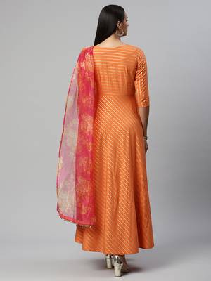 Orange printed crepe long-kurtis 3