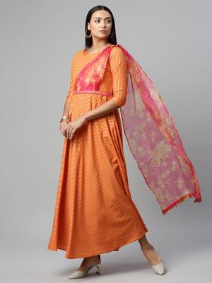 Orange printed crepe long-kurtis 4
