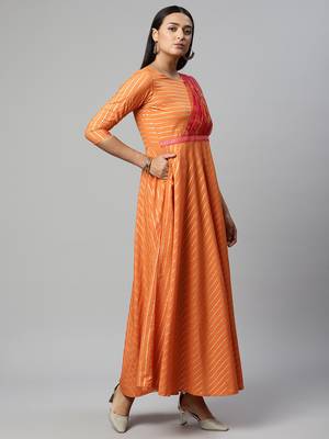 Orange printed crepe long-kurtis 5