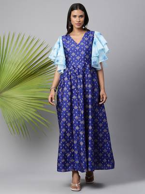 Royal-blue printed art silk long-kurtis 1