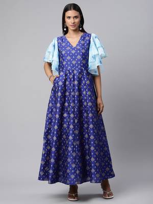 Royal-blue printed art silk long-kurtis 2