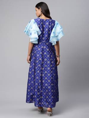 Royal-blue printed art silk long-kurtis 3