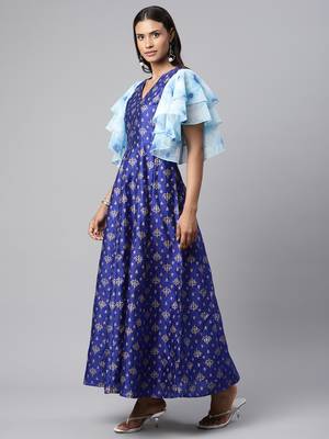 Royal-blue printed art silk long-kurtis 4
