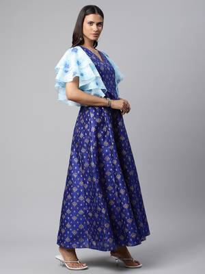 Royal-blue printed art silk long-kurtis 5